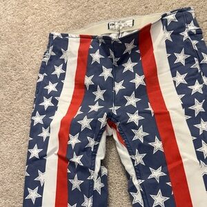 Free People Blue and Red Star Pattern Flare Jeans